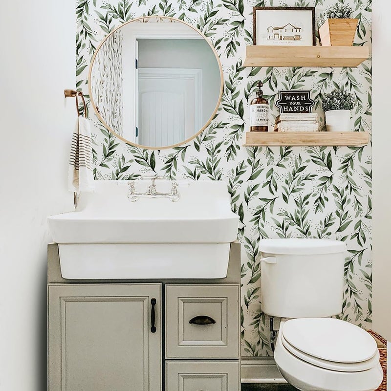 Livebor Green Leaf Wallpaper Peel and Stick Olive Leaf Contact Paper 17.7inch x 590.5inch Green Peel and Stick Wallpaper Modern Farmhouse Wall Paper for Bathroom Neutral Sage Decorative Vinyl - Image 3